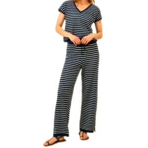PACT Beachside Cotton Linen Crochet Knit Matching Pants & Top Set Navy Stripe